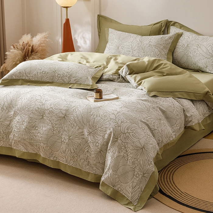 91家纺网 家纺一手货源 找家纺 简宜家居（朝初家纺） 2025新款全棉宽边三层纱提花四件套 叶韵-橄榄绿