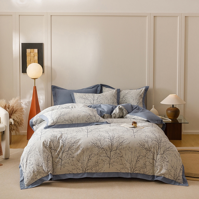 91家纺网 家纺一手货源 找家纺 简宜家居（朝初家纺） 2025新款全棉宽边三层纱提花四件套 枝桠-牛仔蓝