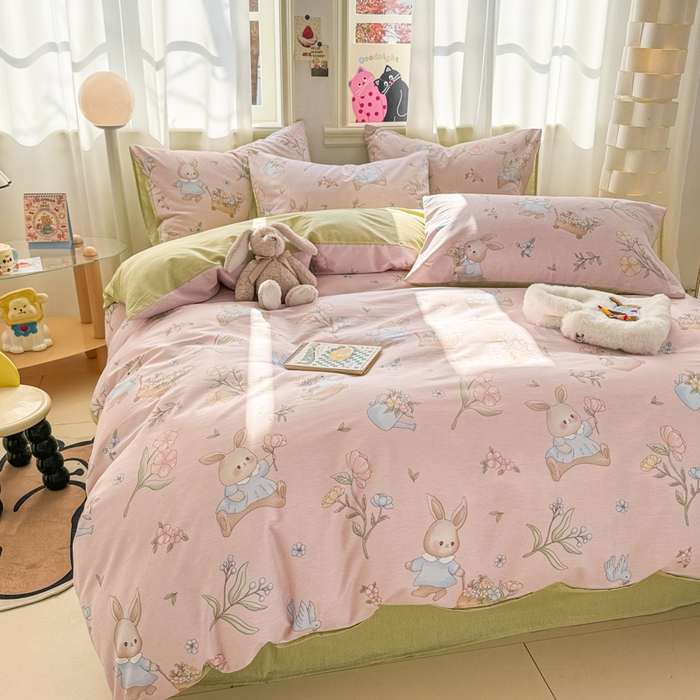 91家纺网 家纺一手货源 找家纺 简宜家居（朝初家纺） 2025新款40支13070纯棉四件套 粉兔花园