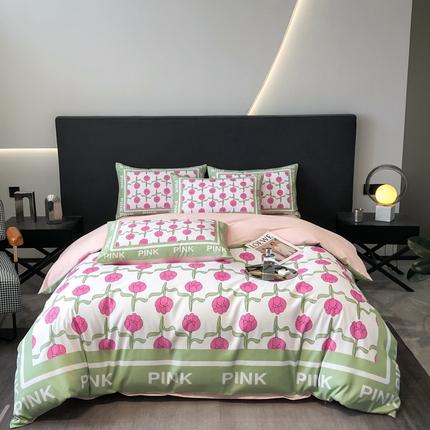 （买家秀 爆款不断货）新款高克重亲肤棉+13372全棉纯棉四件套全棉纯棉三件套轻奢风四件套直播 轻奢粉色郁金香