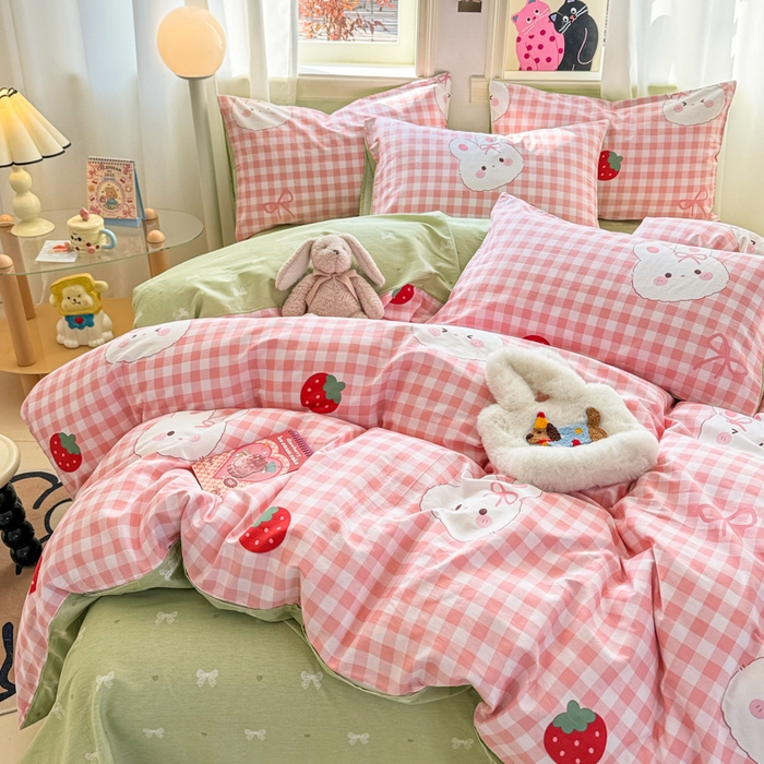 91家纺网 家纺一手货源 找家纺 简宜家居（朝初家纺） 2025新款40支13070纯棉四件套 格子兔-粉