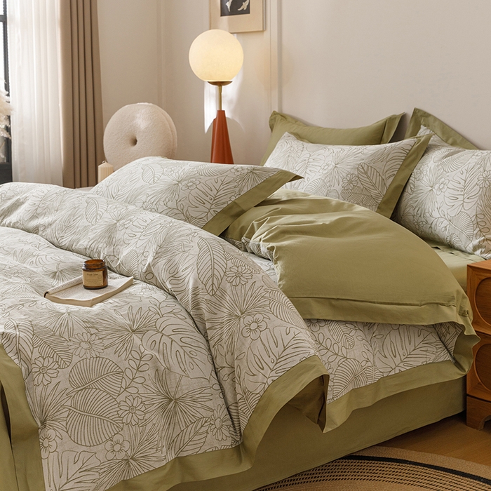 91家纺网 家纺一手货源 找家纺 简宜家居（朝初家纺） 2025新款全棉宽边三层纱提花四件套 叶韵-橄榄绿