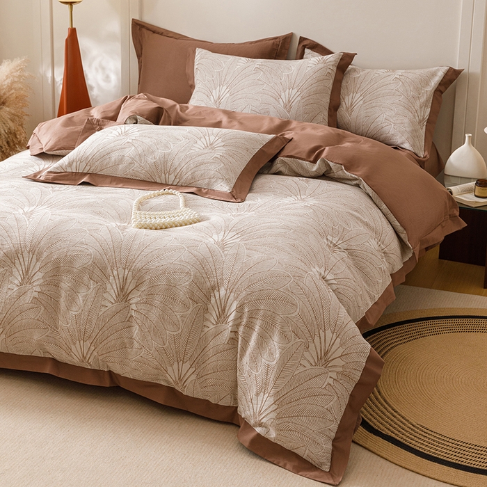 91家纺网 家纺一手货源 找家纺 简宜家居（朝初家纺） 2025新款全棉宽边三层纱提花四件套 叶韵-咖