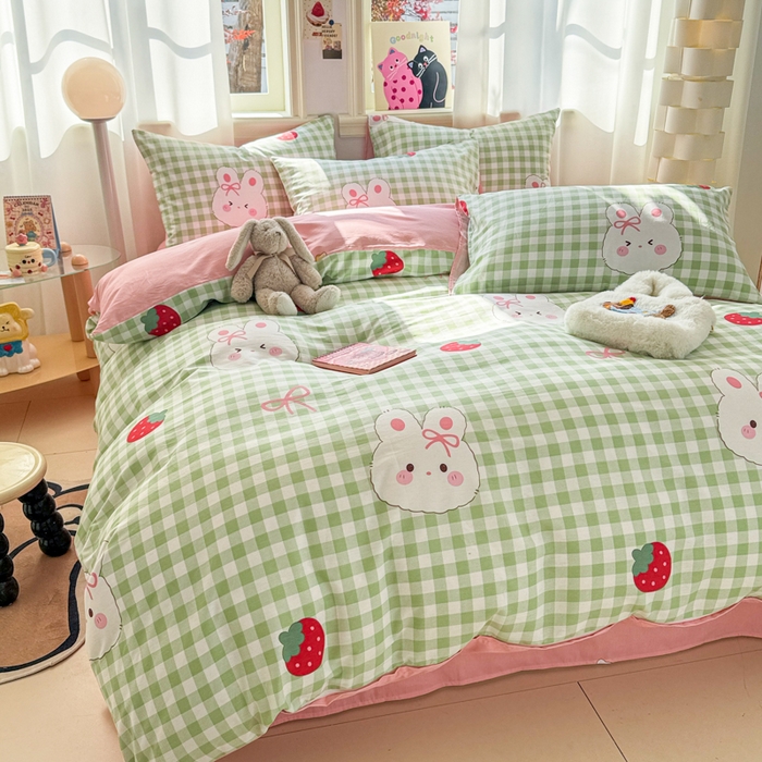 91家纺网 家纺一手货源 找家纺 简宜家居（朝初家纺） 2025新款40支13070纯棉四件套 格子兔-绿