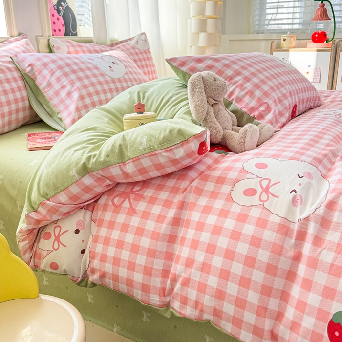 91家纺网 家纺一手货源 找家纺 简宜家居（朝初家纺） 2025新款40支13070纯棉四件套 格子兔-粉