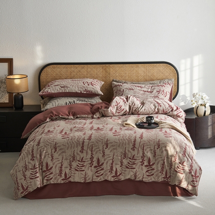 91家纺网 家纺一手货源 找家纺 简家居 2025新款60支色织空气棉四件套-草木集 朱草红