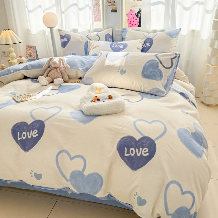 91家纺网 家纺一手货源 找家纺 简宜家居（朝初家纺） 2025新款40支13070纯棉四件套 心相印-蓝