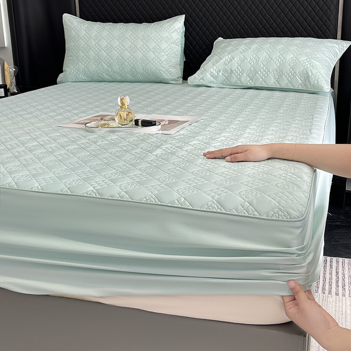 91家纺网 家纺一手货源 找家纺 2025新款轻奢风A类100支长绒棉四件套全棉纯棉重工刺绣床单床笠夹棉床笠床盖款高端床上用品-星慕 茶绿