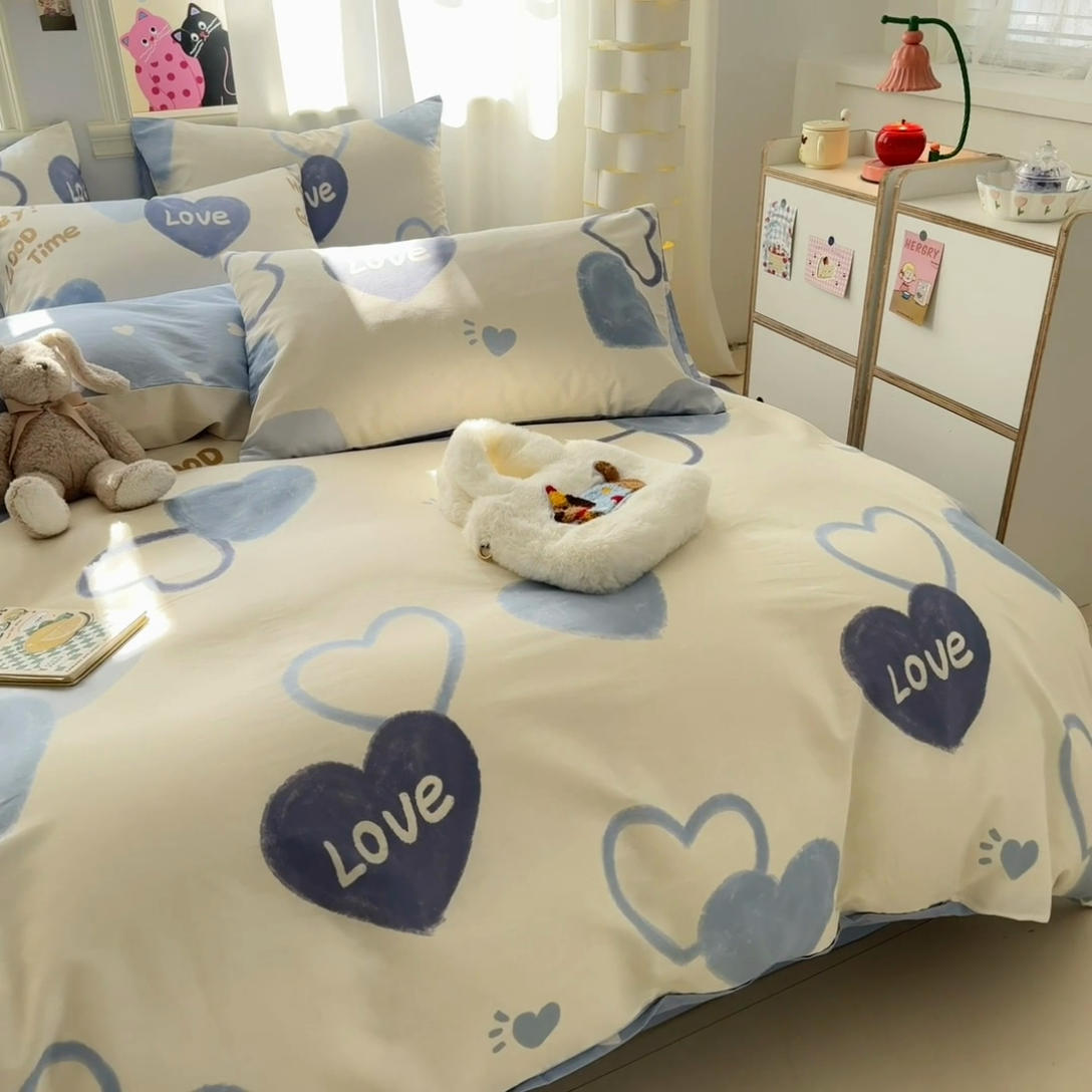 91家纺网 家纺一手货源 找家纺 简宜家居（朝初家纺） 2025新款40支13070纯棉四件套 心相印-蓝