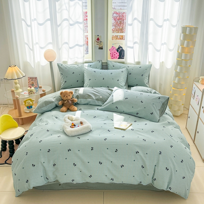 91家纺网 家纺一手货源 找家纺 简宜家居（朝初家纺） 2025新款40支13070纯棉四件套 蓝条纹蝴蝶结