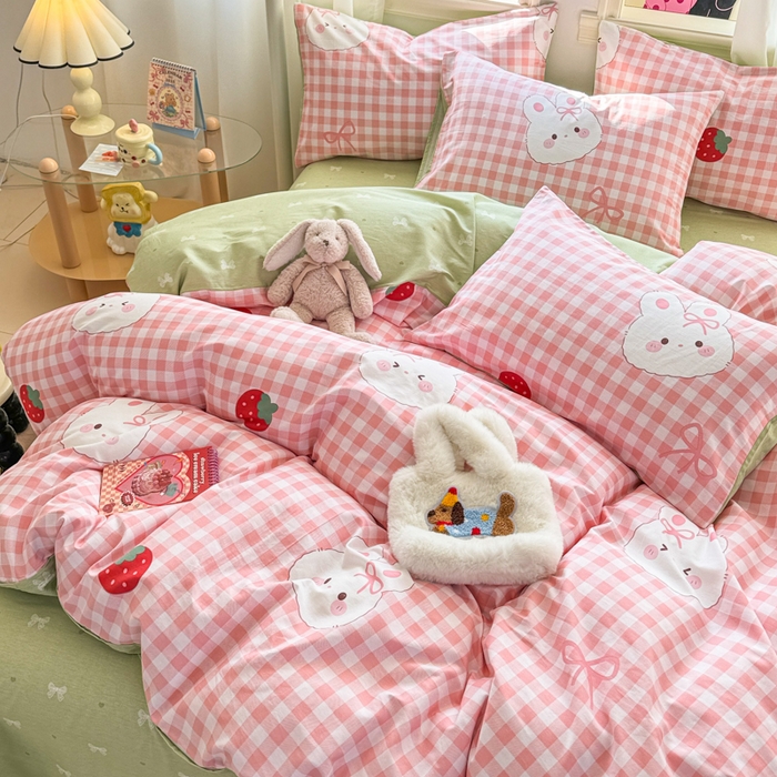 91家纺网 家纺一手货源 找家纺 简宜家居（朝初家纺） 2025新款40支13070纯棉四件套 格子兔-粉