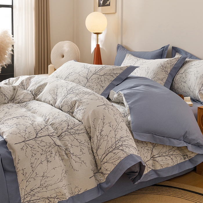 91家纺网 家纺一手货源 找家纺 简宜家居（朝初家纺） 2025新款全棉宽边三层纱提花四件套 枝桠-牛仔蓝