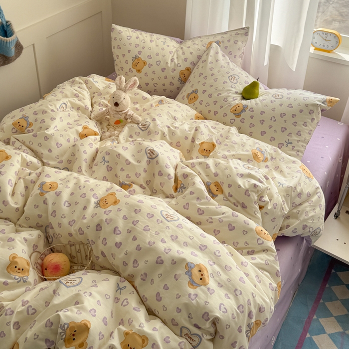 91家纺网 家纺一手货源 找家纺 桃子家居 2025新款纯棉小清新13372卡通可爱少女系列四件套 棉-豹纹小熊