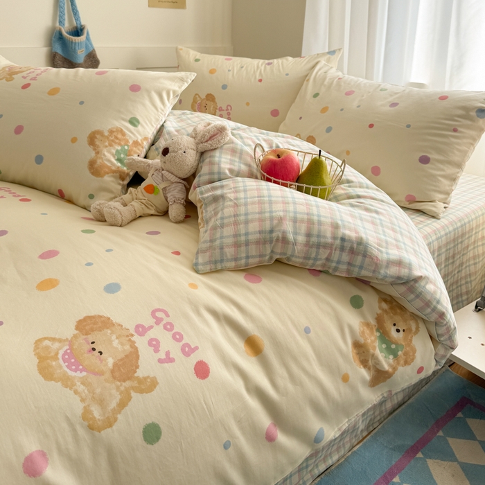 91家纺网 家纺一手货源 找家纺 桃子家居 2025新款纯棉小清新13372卡通可爱少女系列四件套 棉-彩色日记