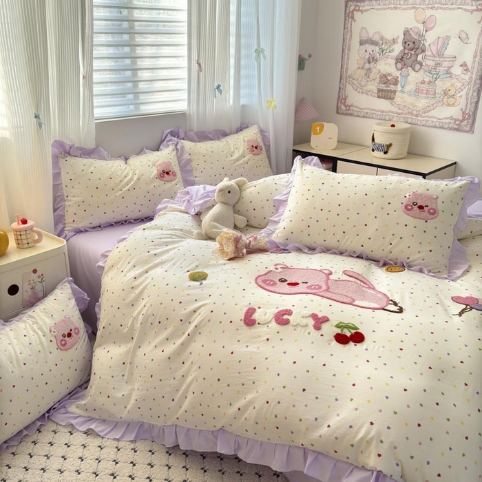 91家纺网 家纺一手货源 找家纺 易禾家纺 2025新品韩系小清新水洗棉毛巾绣露比系列四件套（专版花型） 露比-爱心紫