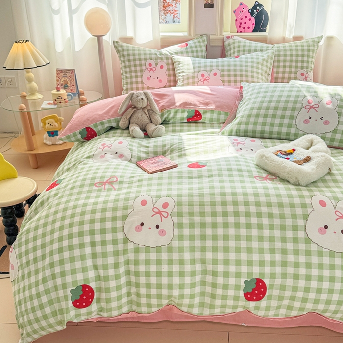 91家纺网 家纺一手货源 找家纺 简宜家居（朝初家纺） 2025新款40支13070纯棉四件套 格子兔-绿