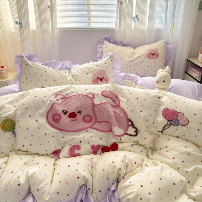 91家纺网 家纺一手货源 找家纺 易禾家纺 2025新品韩系小清新水洗棉毛巾绣露比系列四件套（专版花型） 露比-爱心紫