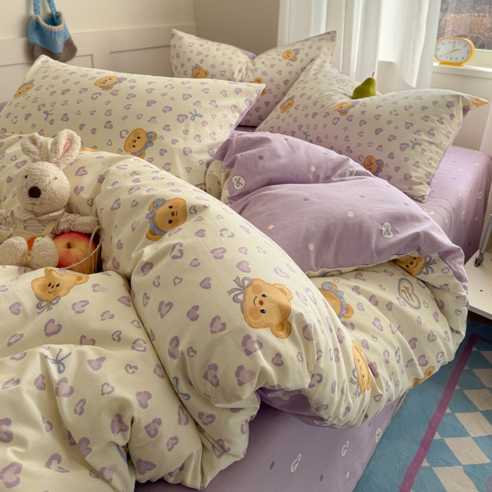 91家纺网 家纺一手货源 找家纺 桃子家居 2025新款纯棉小清新13372卡通可爱少女系列四件套 棉-豹纹小熊