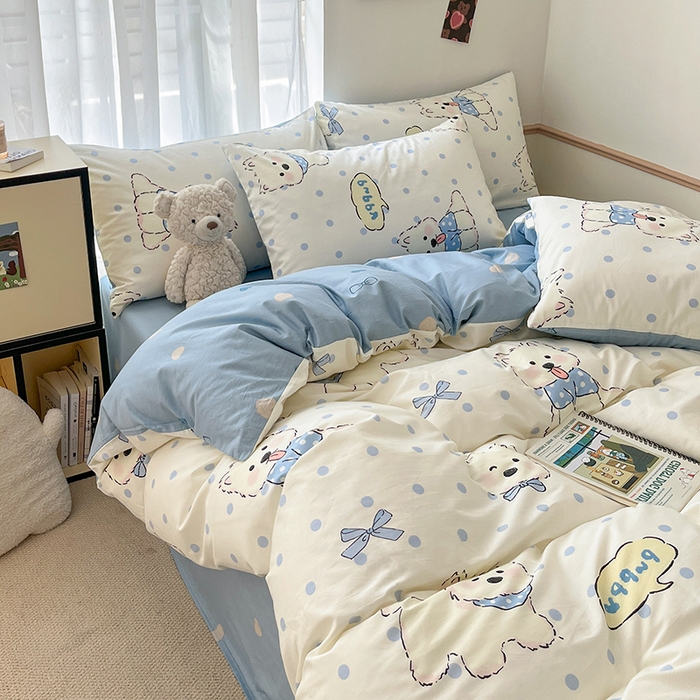 91家纺网 家纺一手货源 找家纺 桃子家居 2025新款纯棉小清新13372卡通可爱少女系列四件套 棉-波点狗