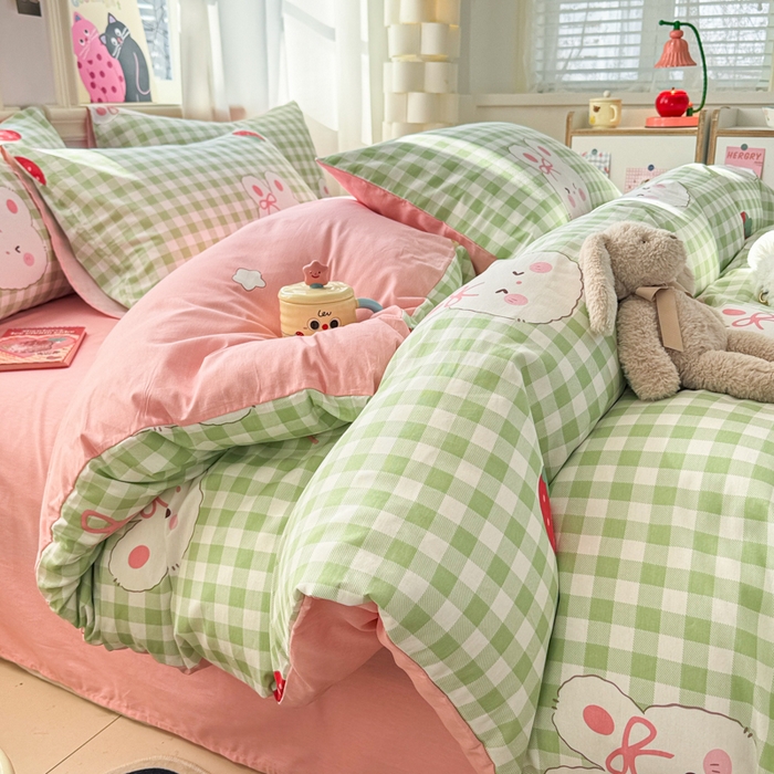 91家纺网 家纺一手货源 找家纺 简宜家居（朝初家纺） 2025新款40支13070纯棉四件套 格子兔-绿