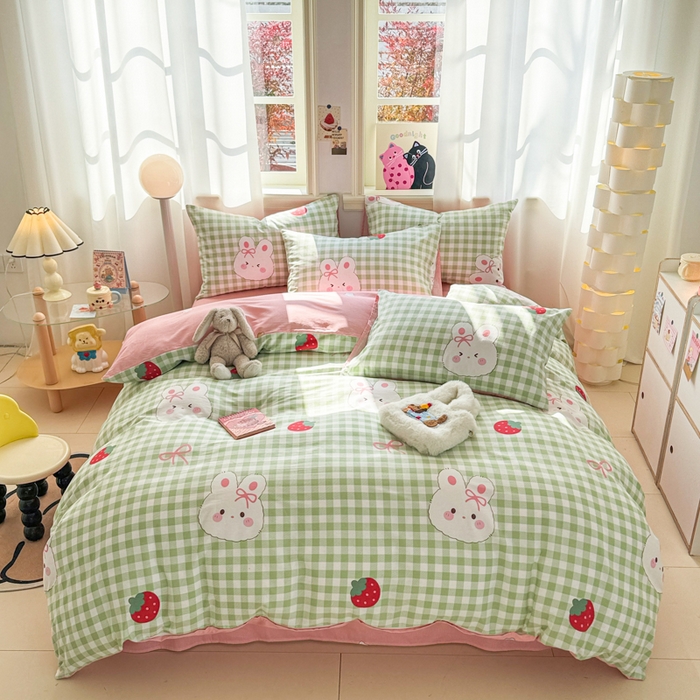 91家纺网 家纺一手货源 找家纺 简宜家居（朝初家纺） 2025新款40支13070纯棉四件套 格子兔-绿