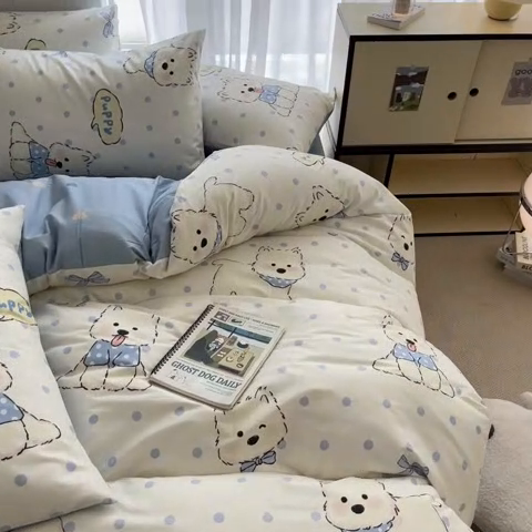 91家纺网 家纺一手货源 找家纺 桃子家居 2025新款纯棉小清新13372卡通可爱少女系列四件套 棉-波点狗