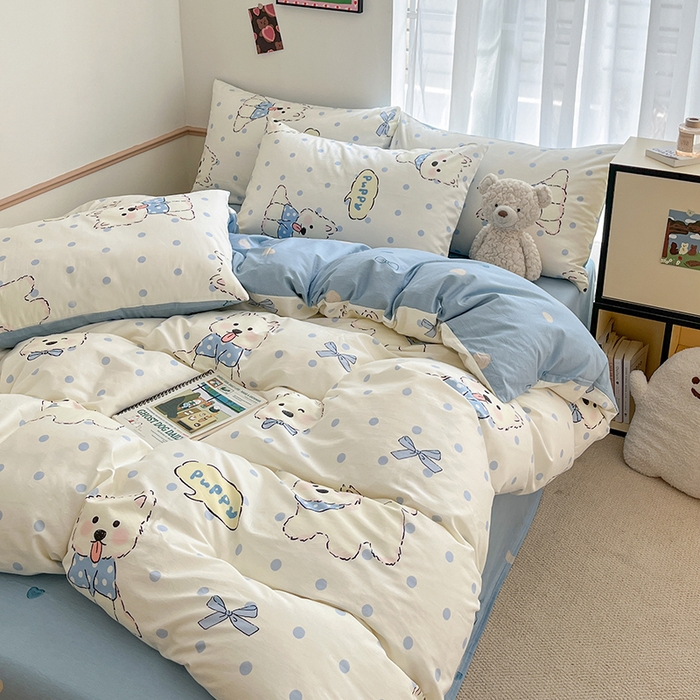 91家纺网 家纺一手货源 找家纺 桃子家居 2025新款纯棉小清新13372卡通可爱少女系列四件套 棉-波点狗