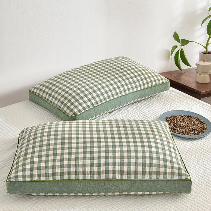 91家纺网 家纺一手货源 找家纺 纽乐家纺 2025新款水洗棉全荞麦枕枕头枕芯 绿格子40*70