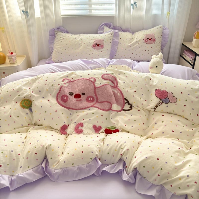 91家纺网 家纺一手货源 找家纺 易禾家纺 2025新品韩系小清新水洗棉毛巾绣露比系列四件套（专版花型） 露比-爱心紫