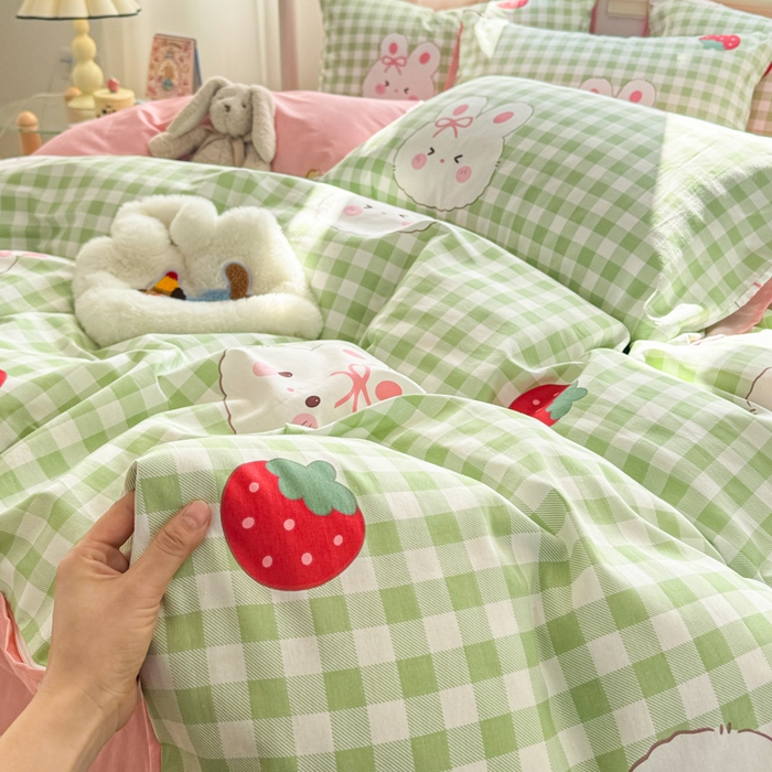 91家纺网 家纺一手货源 找家纺 简宜家居（朝初家纺） 2025新款40支13070纯棉四件套 格子兔-绿