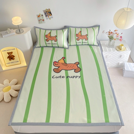 邵依  2025新款数码印花烫光冰丝席凉席子藤席 绿趴趴狗