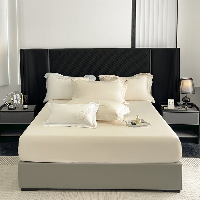 91家纺网 家纺一手货源 找家纺 2025新款轻奢风A类100支长绒棉四件套全棉纯棉重工刺绣床单床笠夹棉床笠床盖款高端床上用品-星慕 奶玉