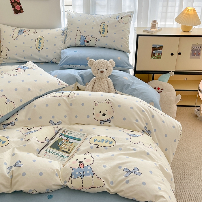 91家纺网 家纺一手货源 找家纺 桃子家居 2025新款纯棉小清新13372卡通可爱少女系列四件套 棉-波点狗