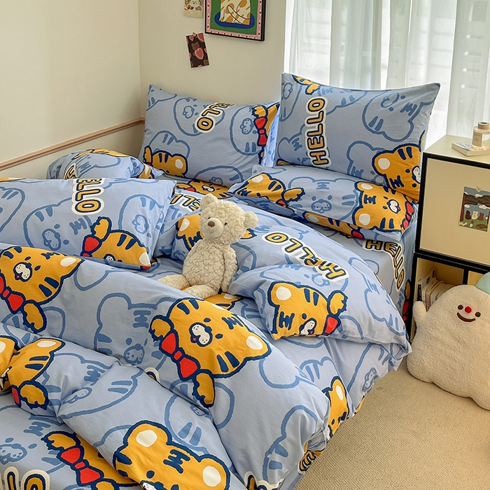 91家纺网 家纺一手货源 找家纺 桃子家居 2025新款纯棉小清新13372卡通可爱少女系列四件套 棉-蓝老虎