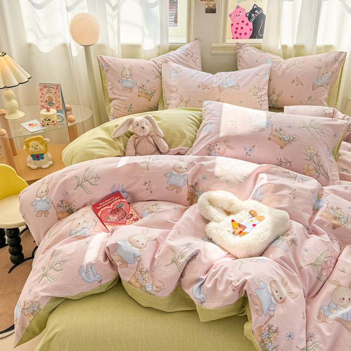 91家纺网 家纺一手货源 找家纺 简宜家居（朝初家纺） 2025新款40支13070纯棉四件套 粉兔花园