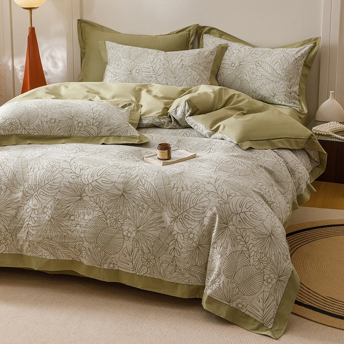 91家纺网 家纺一手货源 找家纺 简宜家居（朝初家纺） 2025新款全棉宽边三层纱提花四件套 叶韵-橄榄绿