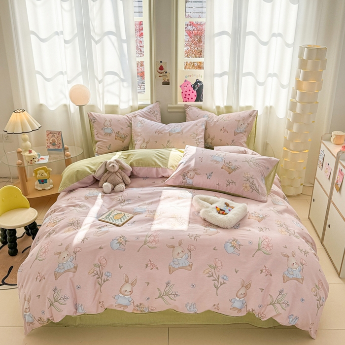 91家纺网 家纺一手货源 找家纺 简宜家居（朝初家纺） 2025新款40支13070纯棉四件套 粉兔花园