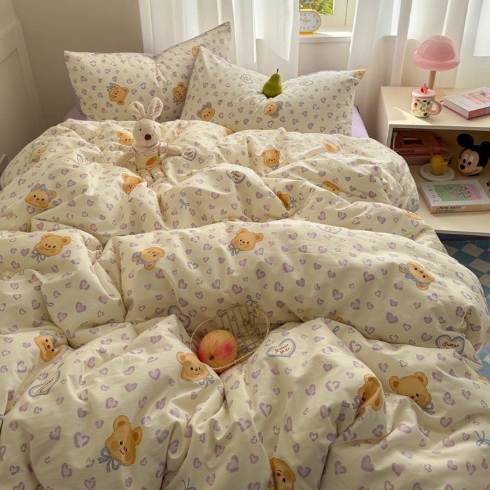 91家纺网 家纺一手货源 找家纺 桃子家居 2025新款纯棉小清新13372卡通可爱少女系列四件套 棉-豹纹小熊