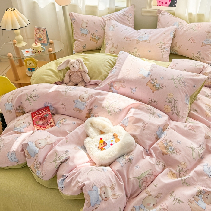 91家纺网 家纺一手货源 找家纺 简宜家居（朝初家纺） 2025新款40支13070纯棉四件套 粉兔花园