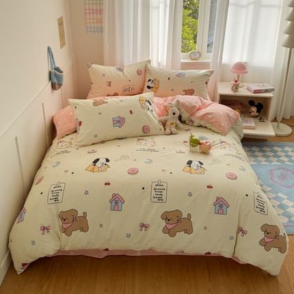 91家纺网 家纺一手货源 找家纺 桃子家居 2025新款纯棉小清新13372卡通可爱少女系列四件套 棉-萌宠乐园