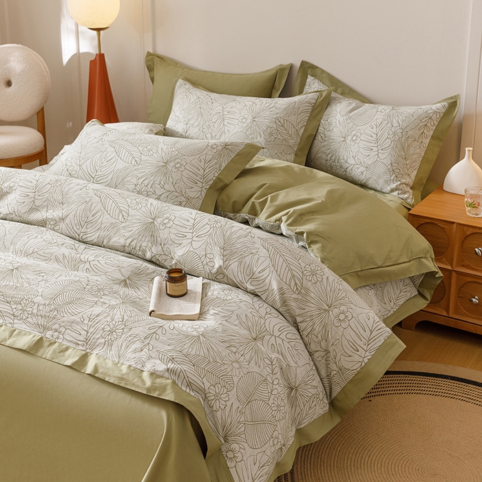 91家纺网 家纺一手货源 找家纺 简宜家居（朝初家纺） 2025新款全棉宽边三层纱提花四件套 叶韵-橄榄绿