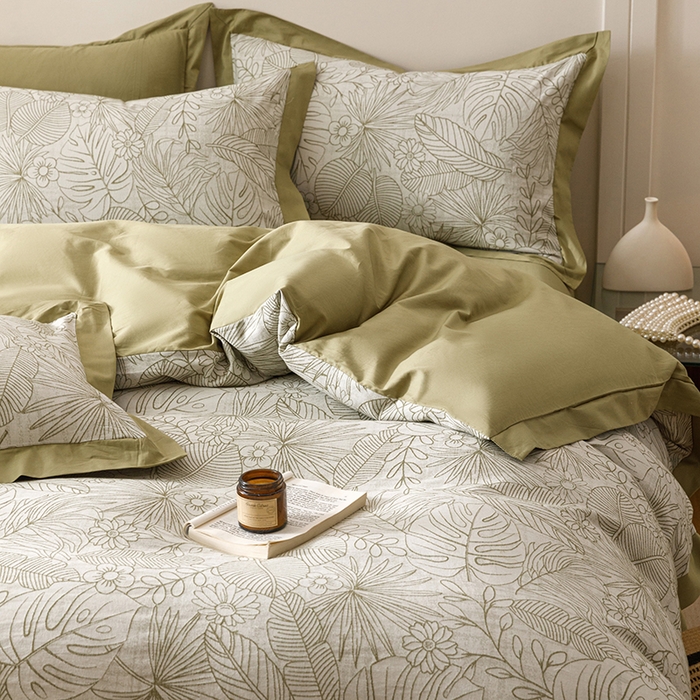 91家纺网 家纺一手货源 找家纺 简宜家居（朝初家纺） 2025新款全棉宽边三层纱提花四件套 叶韵-橄榄绿