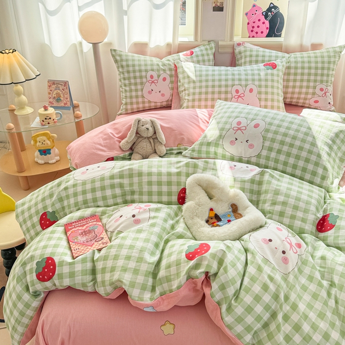 91家纺网 家纺一手货源 找家纺 简宜家居（朝初家纺） 2025新款40支13070纯棉四件套 格子兔-绿