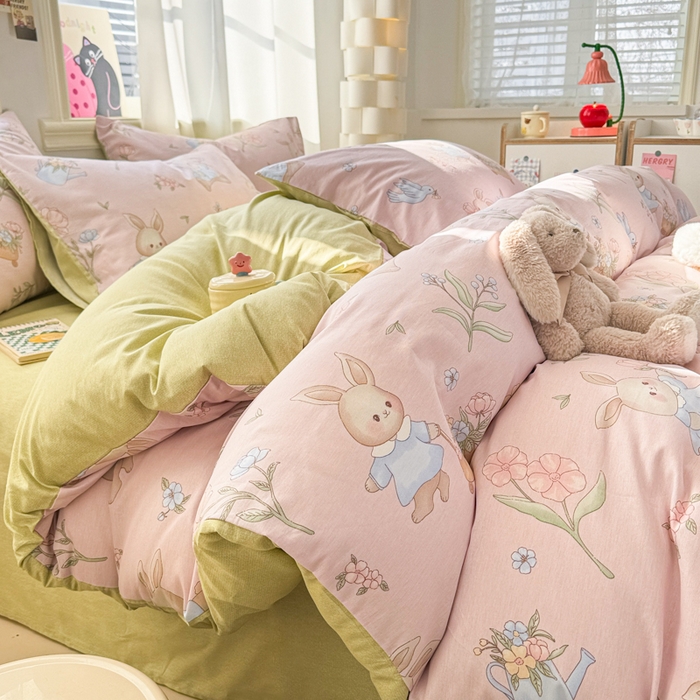 91家纺网 家纺一手货源 找家纺 简宜家居（朝初家纺） 2025新款40支13070纯棉四件套 粉兔花园