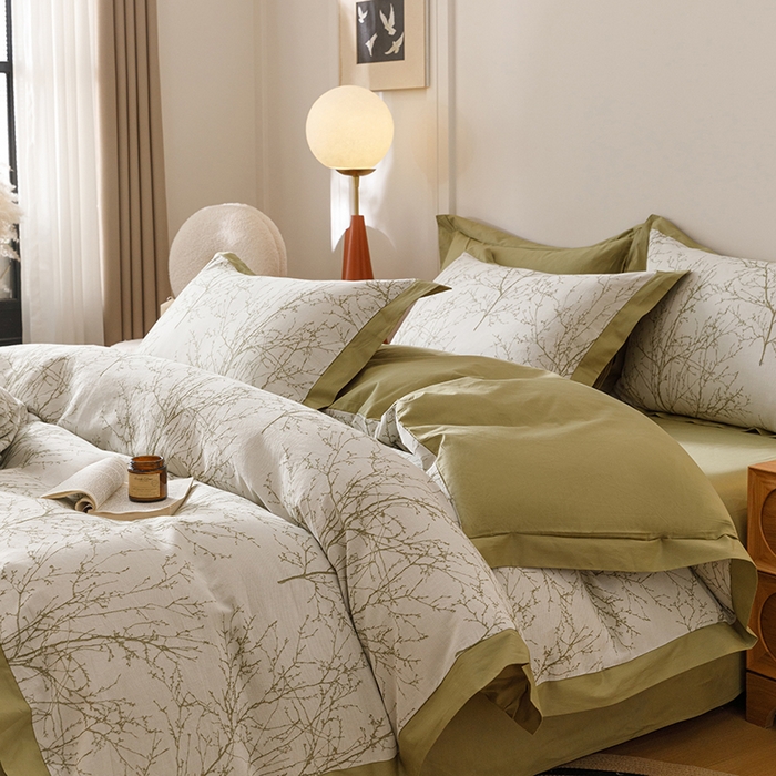 91家纺网 家纺一手货源 找家纺 简宜家居（朝初家纺） 2025新款全棉宽边三层纱提花四件套 枝桠-橄榄绿