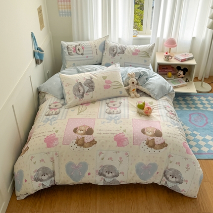 桃子家居 2025新款纯棉小清新13372卡通可爱少女系列四件套 棉-甜甜小狗