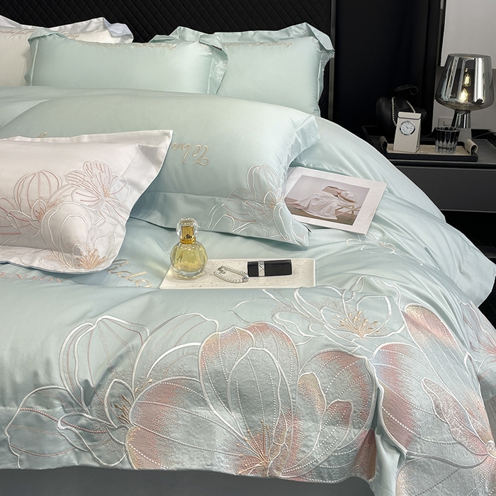 91家纺网 家纺一手货源 找家纺 2025新款轻奢风A类100支长绒棉四件套全棉纯棉重工刺绣床单床笠夹棉床笠床盖款高端床上用品-星慕 茶绿