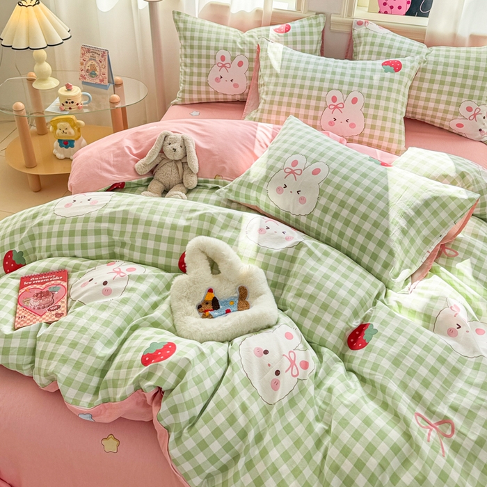 91家纺网 家纺一手货源 找家纺 简宜家居（朝初家纺） 2025新款40支13070纯棉四件套 格子兔-绿