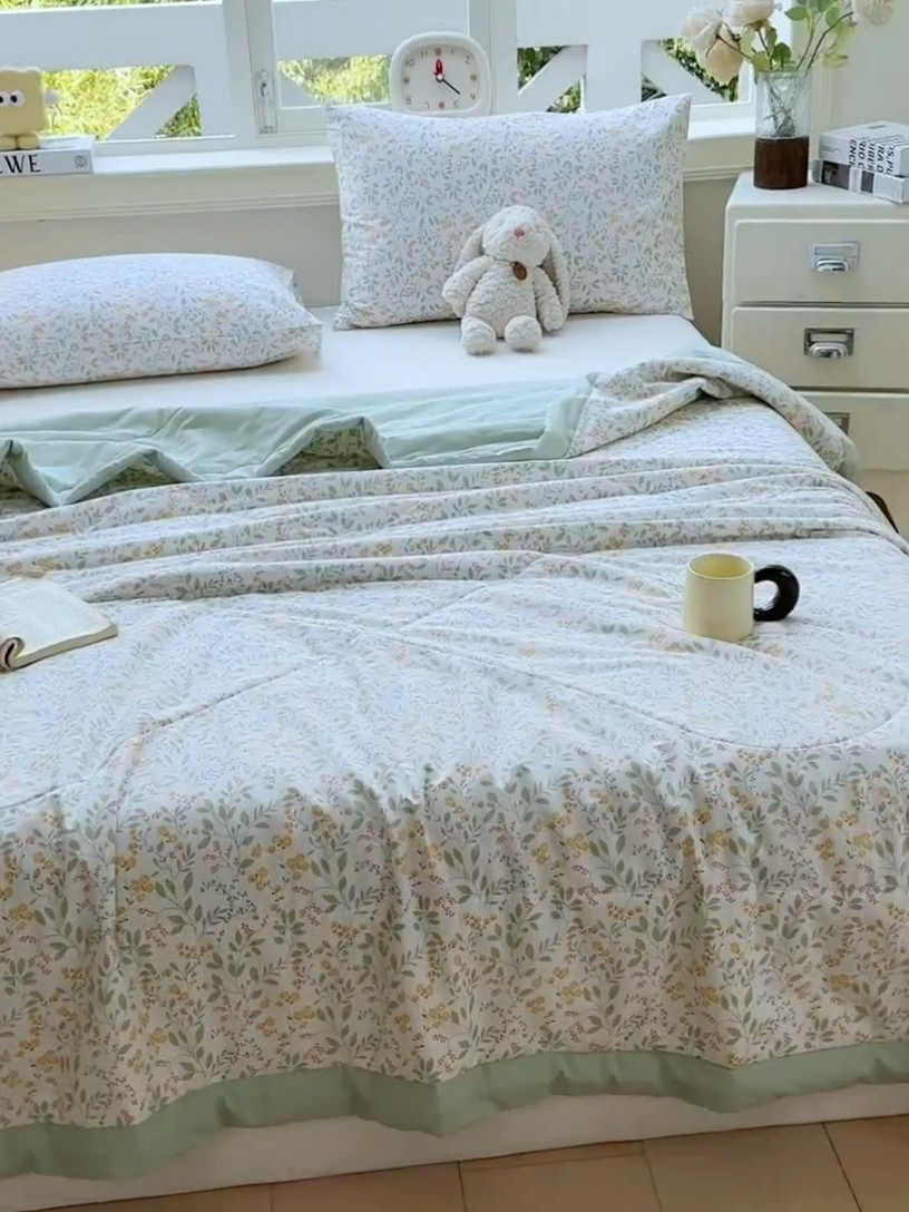 91家纺网 家纺一手货源 找家纺 憨豆家纺 2025新款双面全棉夏被可机洗小清新纯棉夏被薄被芯空调被子夏凉被 千野-绿