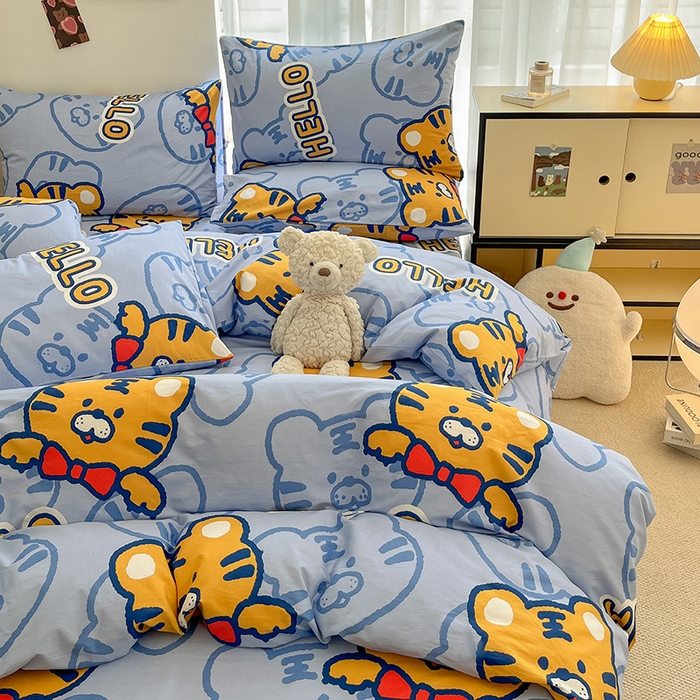 91家纺网 家纺一手货源 找家纺 桃子家居 2025新款纯棉小清新13372卡通可爱少女系列四件套 棉-蓝老虎